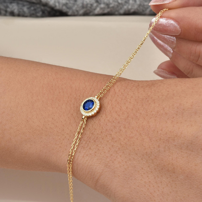 Sapphire Round Bezel Bracelet in 8K/10K/14K Solid Gold with Real Diamonds, September Birthstone Jewelry