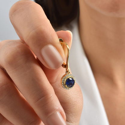 Sapphire Round Bezel Dangle Earrings in 8K/10K/14K Solid Gold with Real Diamonds, September Birthstone Jewelry