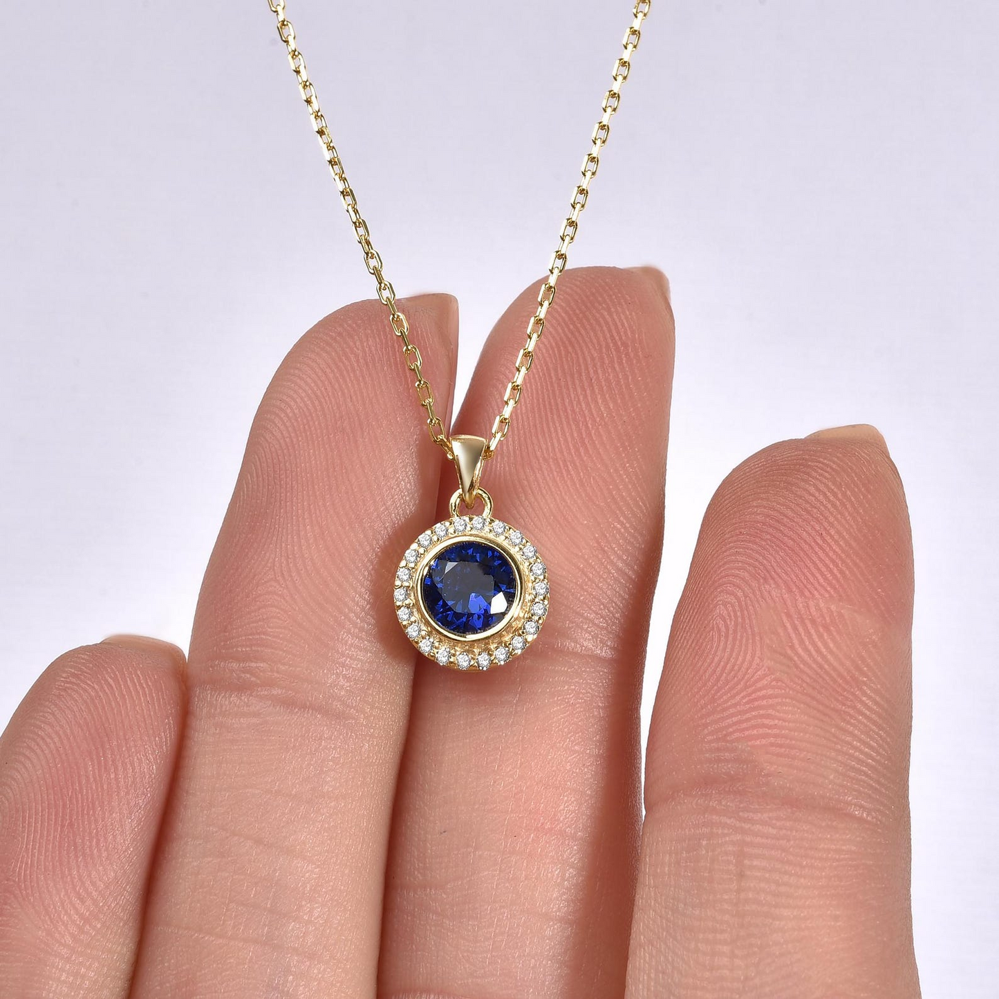 Sapphire Round Bezel Necklace in 8K/10K/14K Solid Gold with Real Diamonds, September Birthstone Jewelry