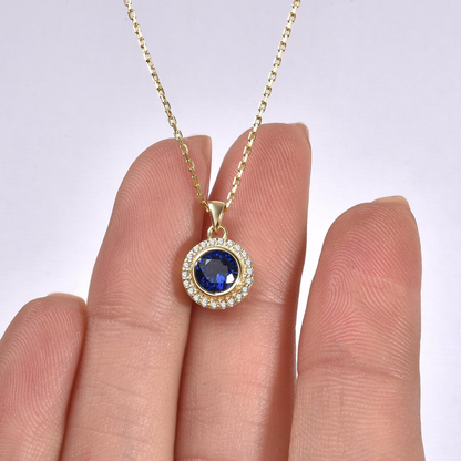 Sapphire Round Bezel Necklace in 8K/10K/14K Solid Gold with Real Diamonds, September Birthstone Jewelry