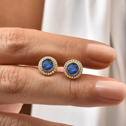 Sapphire Round Bezel Stud Earrings in 8K/10K/14K Solid Gold with Real Diamonds, September Birthstone Jewelry