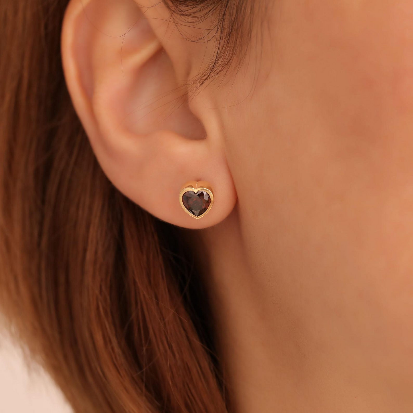 Smoky Quartz Heart Bezel Cut Stud Earrings 10K/14K Solid Gold, Birthstone Jewelry