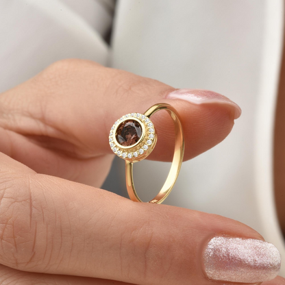 Smoky Quartz Round Bezel Ring in 8K/10K/14K Solid Gold with Real Diamonds, Handmade Jewelry