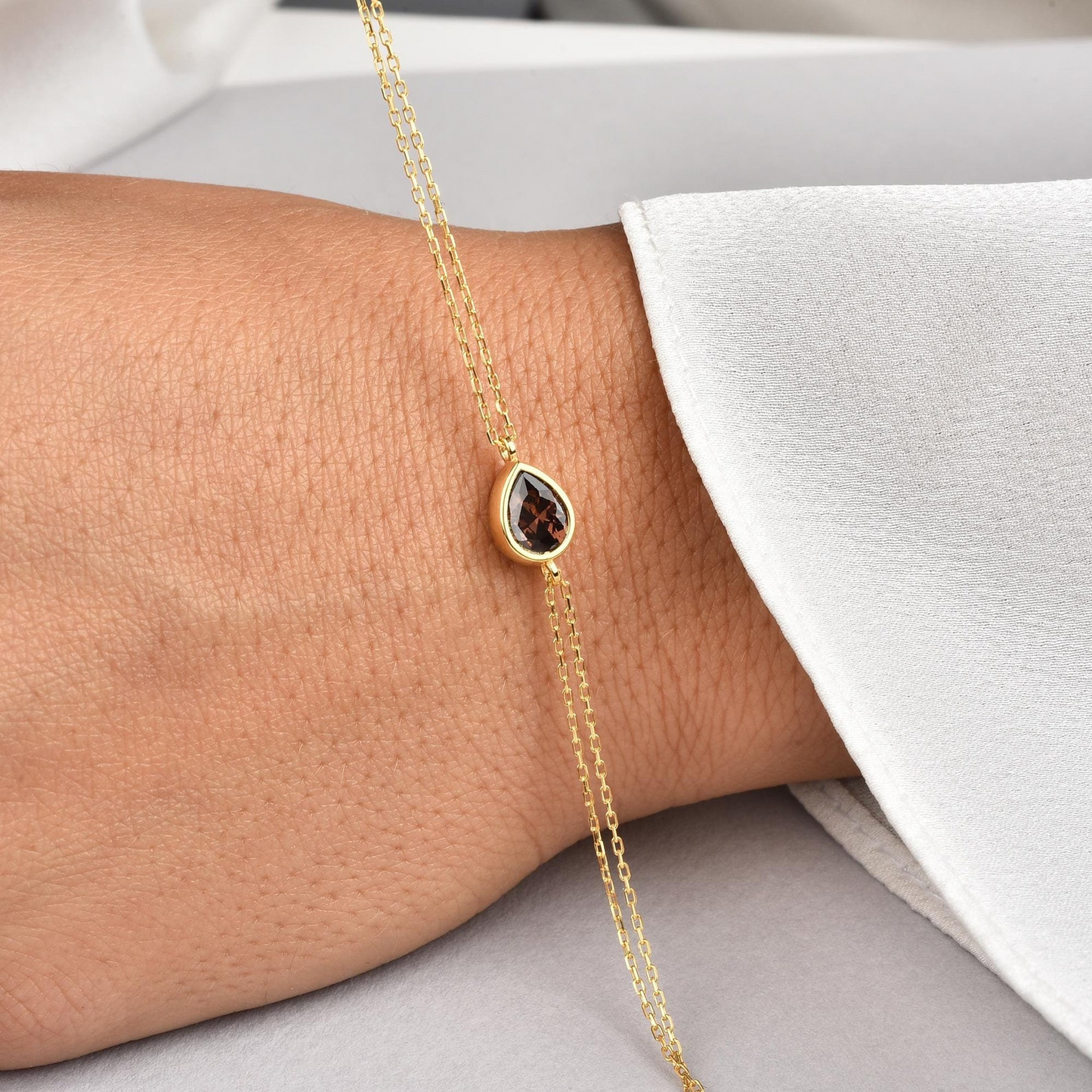 Smoky Quartz Drop Bezel Bracelet in 10K/14K Solid Gold, Birthstone Jewelry