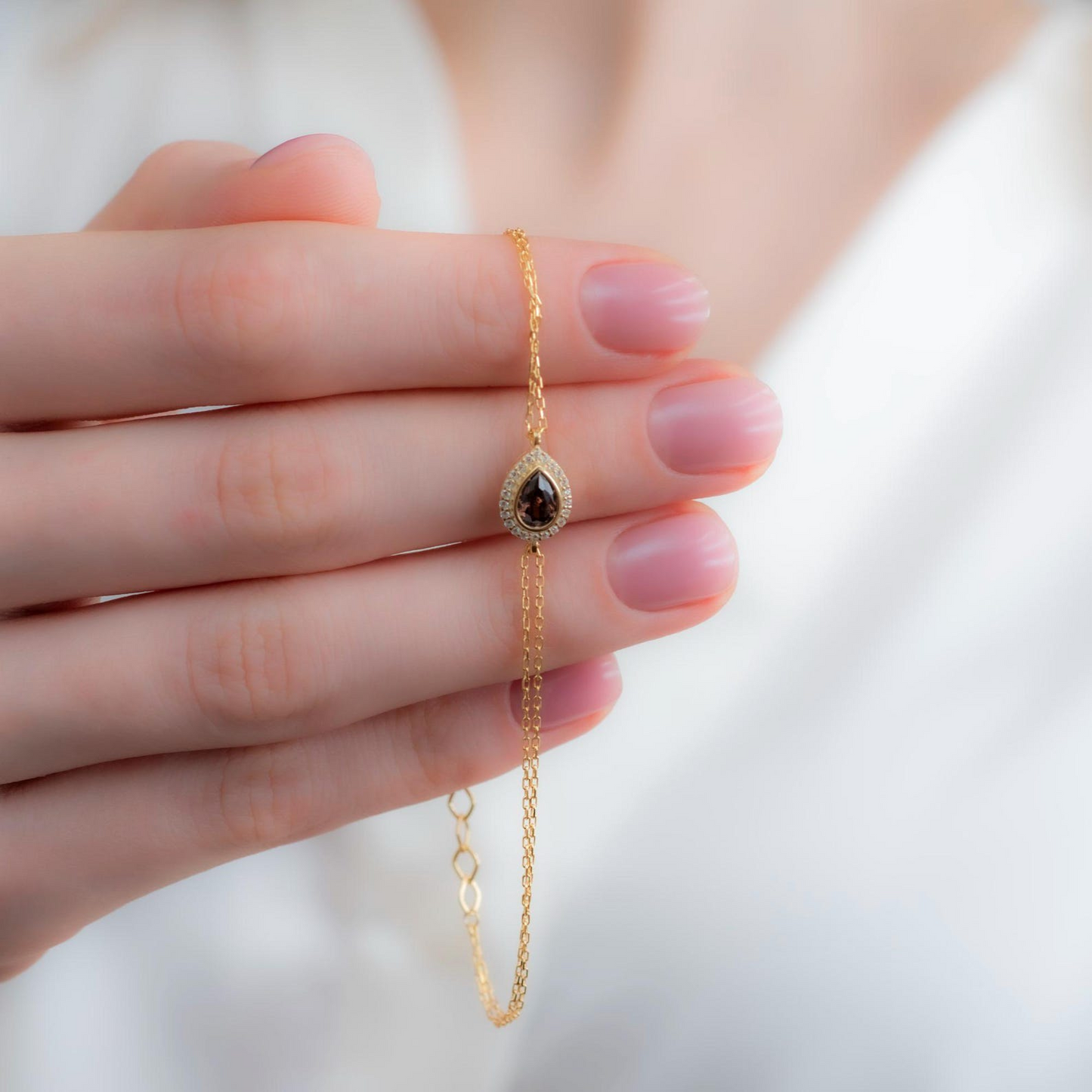 Smoky Quartz Bezel Drop Bracelet with Real Diamonds in 8K/10K/14K Solid Gold | Handmade Jewelry
