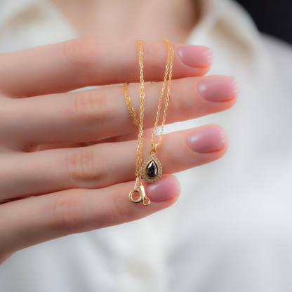 Smoky Quartz Bezel Drop Necklace with Real Diamonds in 8K/10K/14K Solid Gold |  Handmade Jewelry
