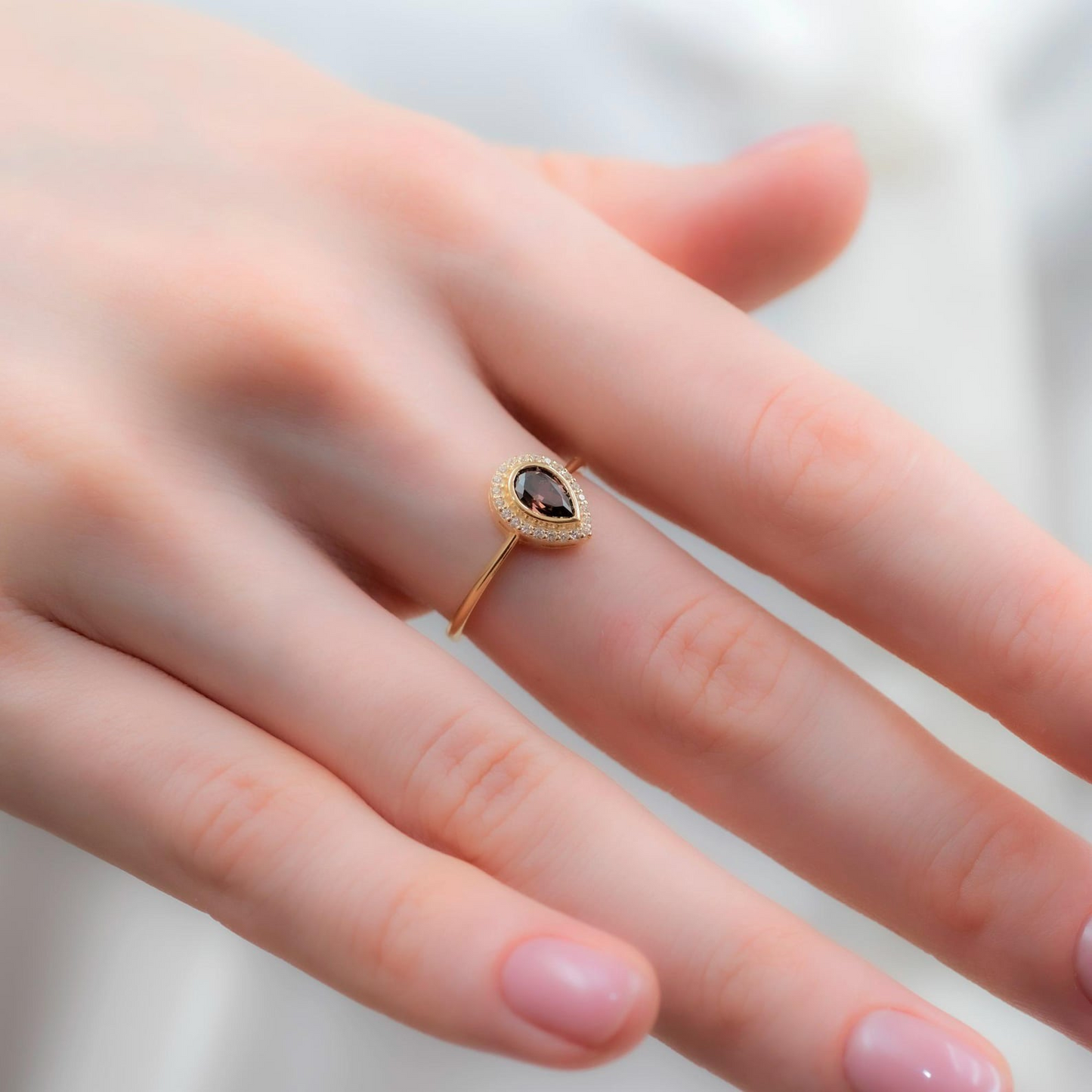 Smoky Quartz Bezel Drop Ring with Real Diamonds in 8K/10K/14K Solid Gold | Handmade Jewelry