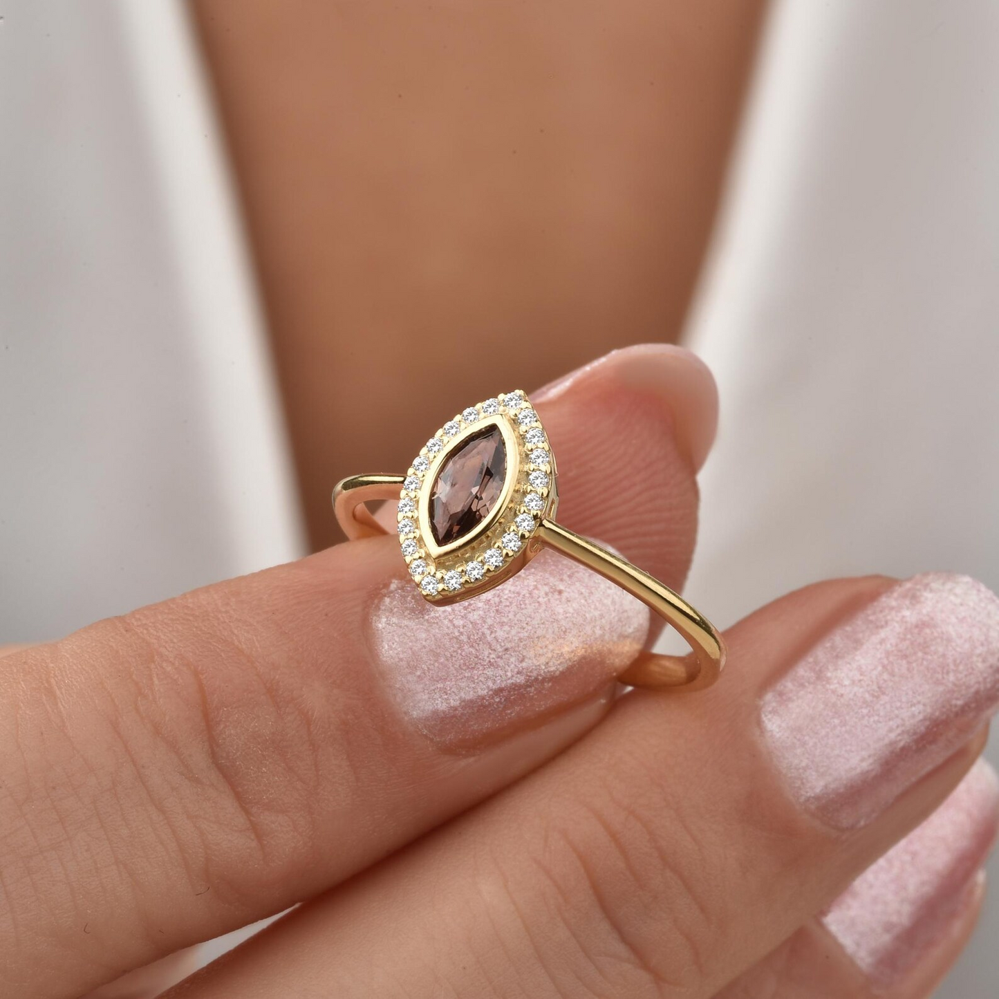 Smoky Quartz Bezel Marquise Ring with Real Diamonds in 8K/10K/14K Solid Gold | Handmade Jewelry
