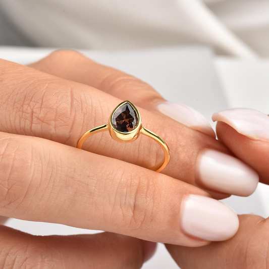 Smoky Quartz Drop Bezel Ring 8K/10K/14K Solid Gold, Birthstone Jewelry