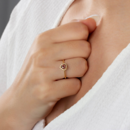 Smoky Quartz Bezel Heart Ring with Real Diamonds Halo in 8K/10K/14K Solid Gold | Birthstone Jewelry