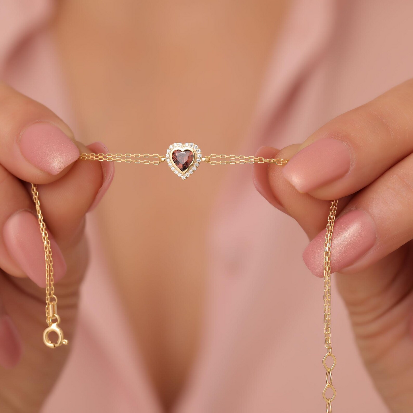 Smoky Quartz Bezel Heart Bracelet with Real Diamonds in 8K/10K/14K Solid Gold | Birthstone Jewelry