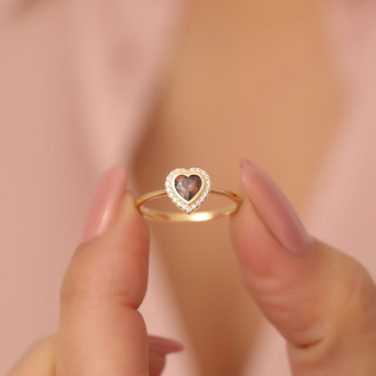 Smoky Quartz Bezel Heart Ring with Real Diamonds in 8K/10K/14K Solid Gold | Birthstone Jewelry