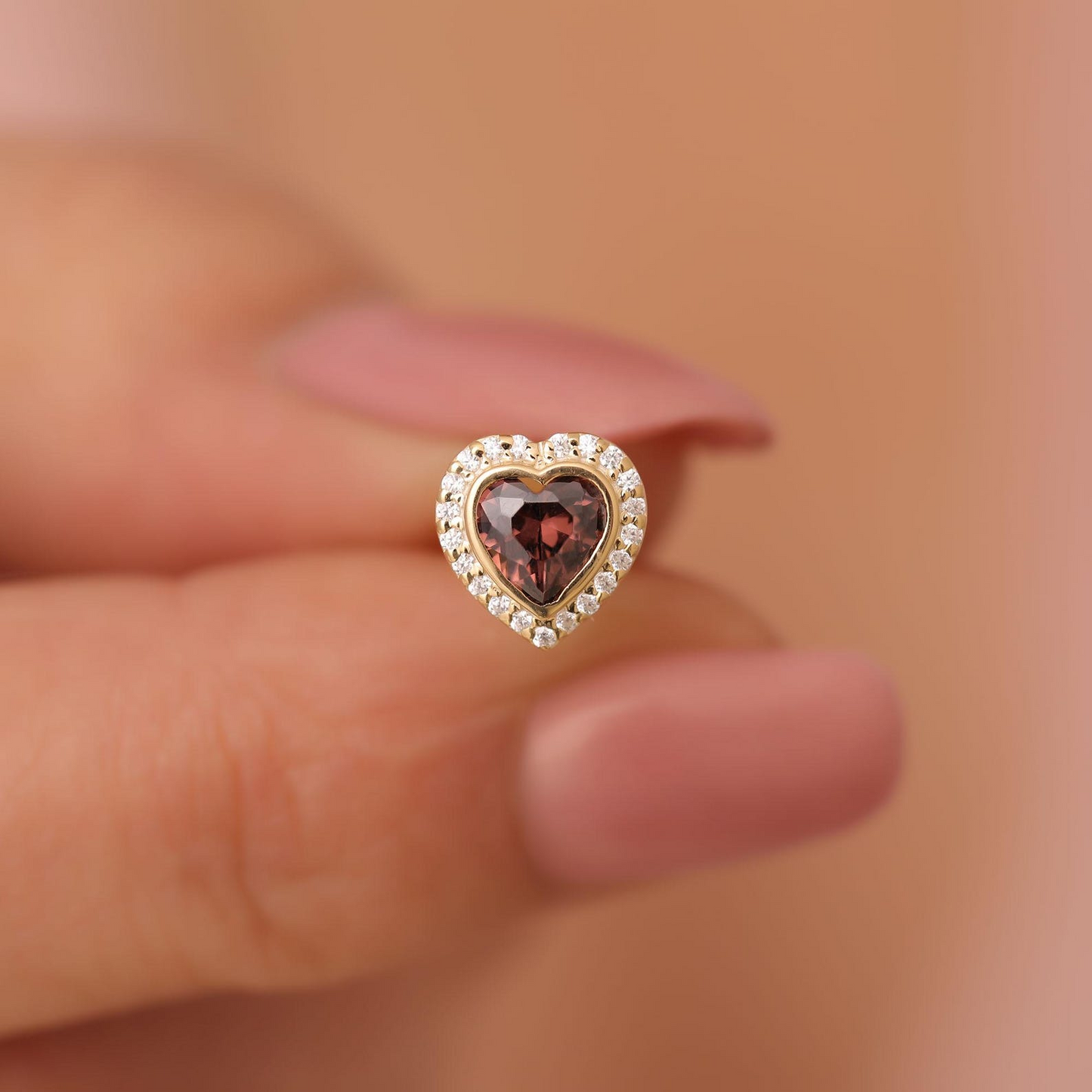 Smoky Quartz Bezel Heart Stud Earrings with Real Diamonds in 10K/14K Solid Gold | Birthstone Jewelry