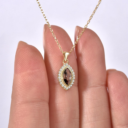 Smoky Quartz Bezel Marquise Necklace with Real Diamonds in 8K/10K/14K Solid Gold | Handmade Jewelry