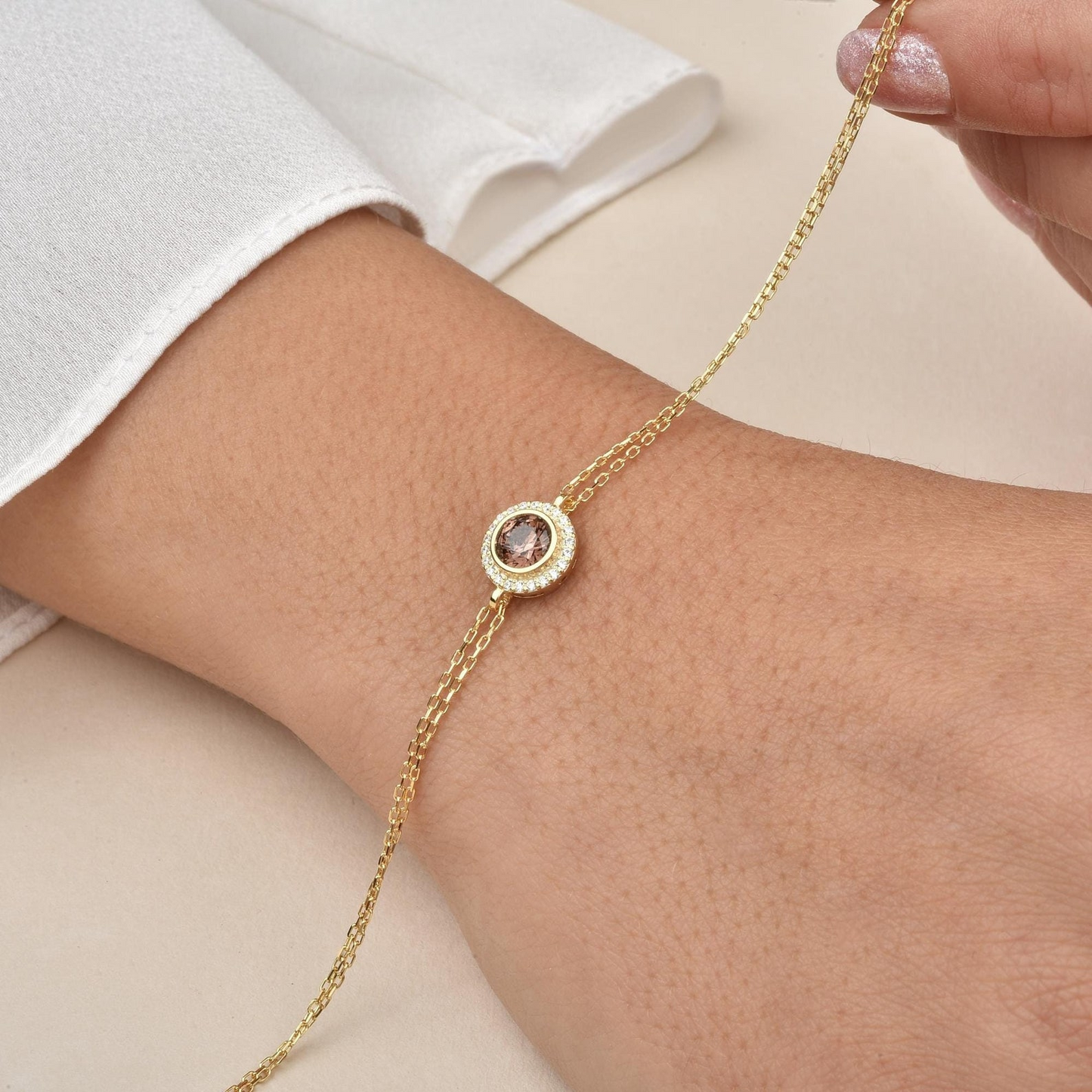 Smoky Quartz Round Bezel Bracelet in 8K/10K/14K Solid Gold with Real Diamonds, Handmade Jewelry