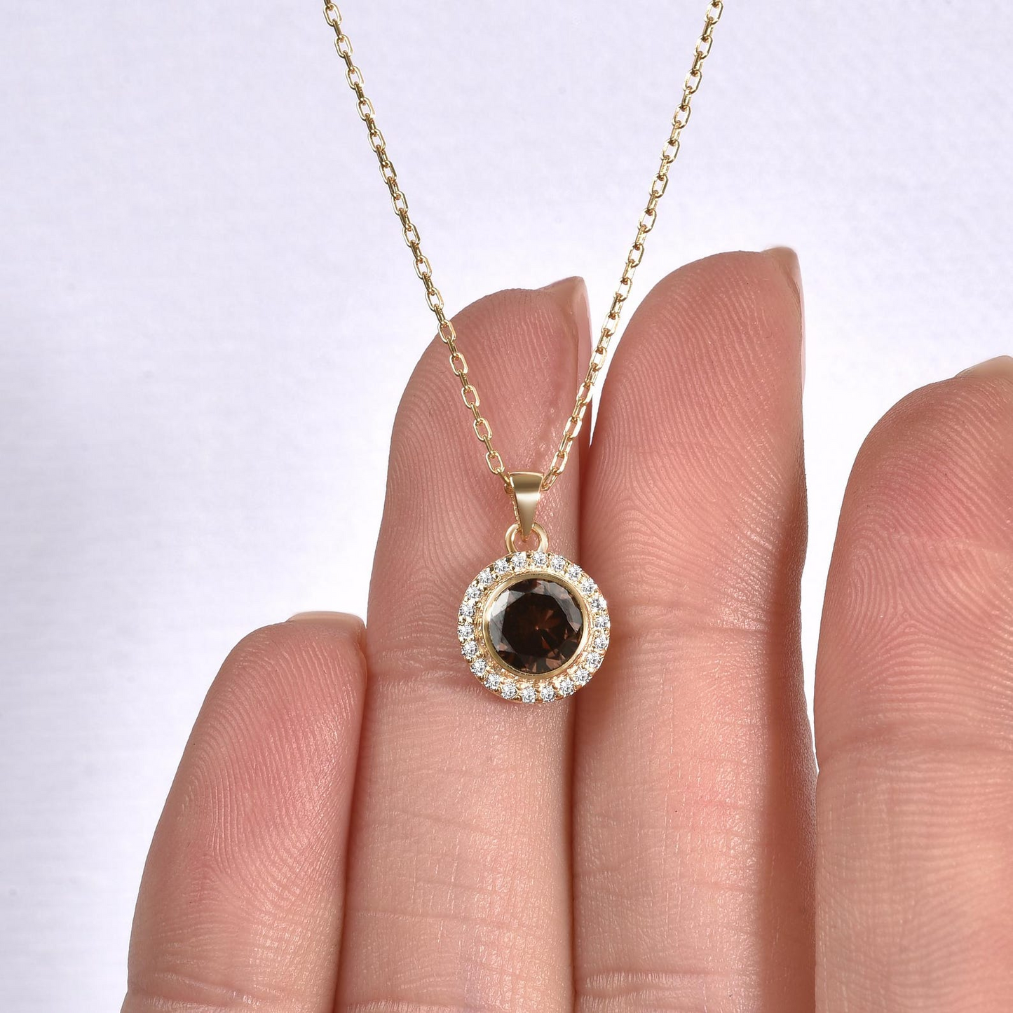 Smoky Quartz Round Bezel Necklace in 8K/10K/14K Solid Gold with Real Diamonds, Handmade Jewelry