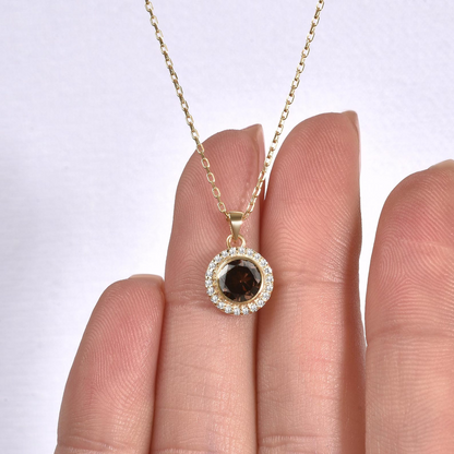 Smoky Quartz Round Bezel Necklace in 8K/10K/14K Solid Gold with Real Diamonds, Handmade Jewelry