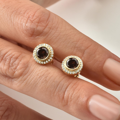 Smoky Quartz Round Bezel Stud Earrings in 8K/10K/14K Solid Gold with Real Diamonds, Handmade Jewelry
