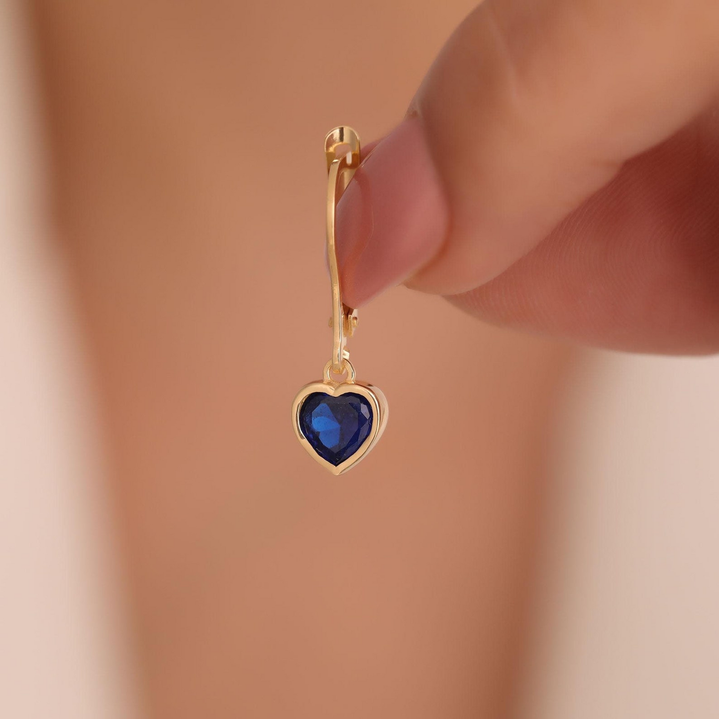 Sapphire Heart Cut Bezel Dangle Earrings 14K Solid Gold, September Birthstone Jewelry