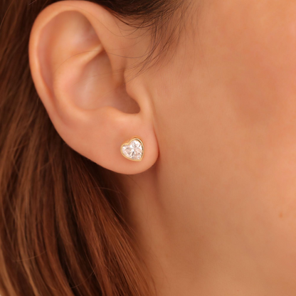 White Topaz Heart Bezel Cut Stud Earrings 10K/14K Solid Gold, April Birthstone Jewelry