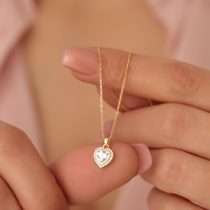 White Topaz Bezel Heart Necklace with Real Diamonds in 8K/10K/14K Solid Gold | April Birthstone Jewelry