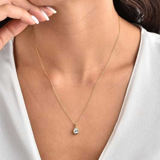 White Topaz Bezel Drop Necklace 10K/14K Solid Gold, April Birthstone Jewelry