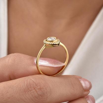White Topaz Round Bezel Ring in 8K/10K/14K Solid Gold with Real Diamonds, April Birthstone Jewelry