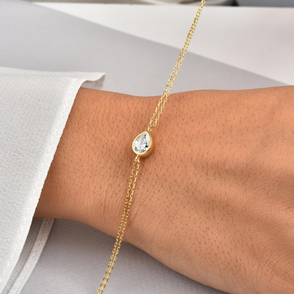 White Topaz Drop Bezel Bracelet in 10K/14K Solid Gold, Birthstone Jewelry