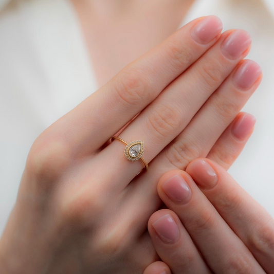 White Topaz Bezel Drop Ring with Real Diamonds in 8K/10K/14K Solid Gold | April Birthstone Jewelry