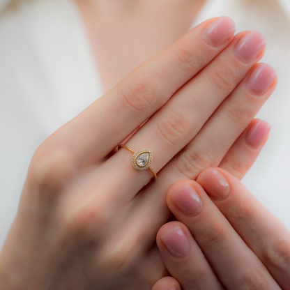 White Topaz Bezel Drop Ring with Real Diamonds in 8K/10K/14K Solid Gold | April Birthstone Jewelry