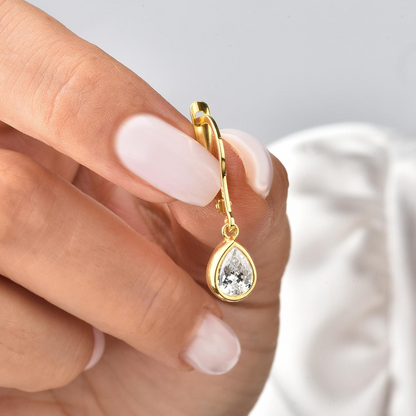 White Topaz Bezel Dangle Drop Earrings in 8K/10K/14K Solid Gold, April Birthstone Jewelry