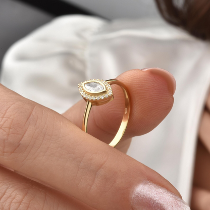 White Topaz Bezel Marquise Ring with Real Diamonds in 8K/10K/14K Solid Gold | April Birthstone Jewelry