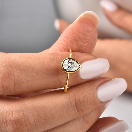 White Topaz Drop Bezel Ring 8K/10K/14K Solid Gold, April Birthstone Jewelry