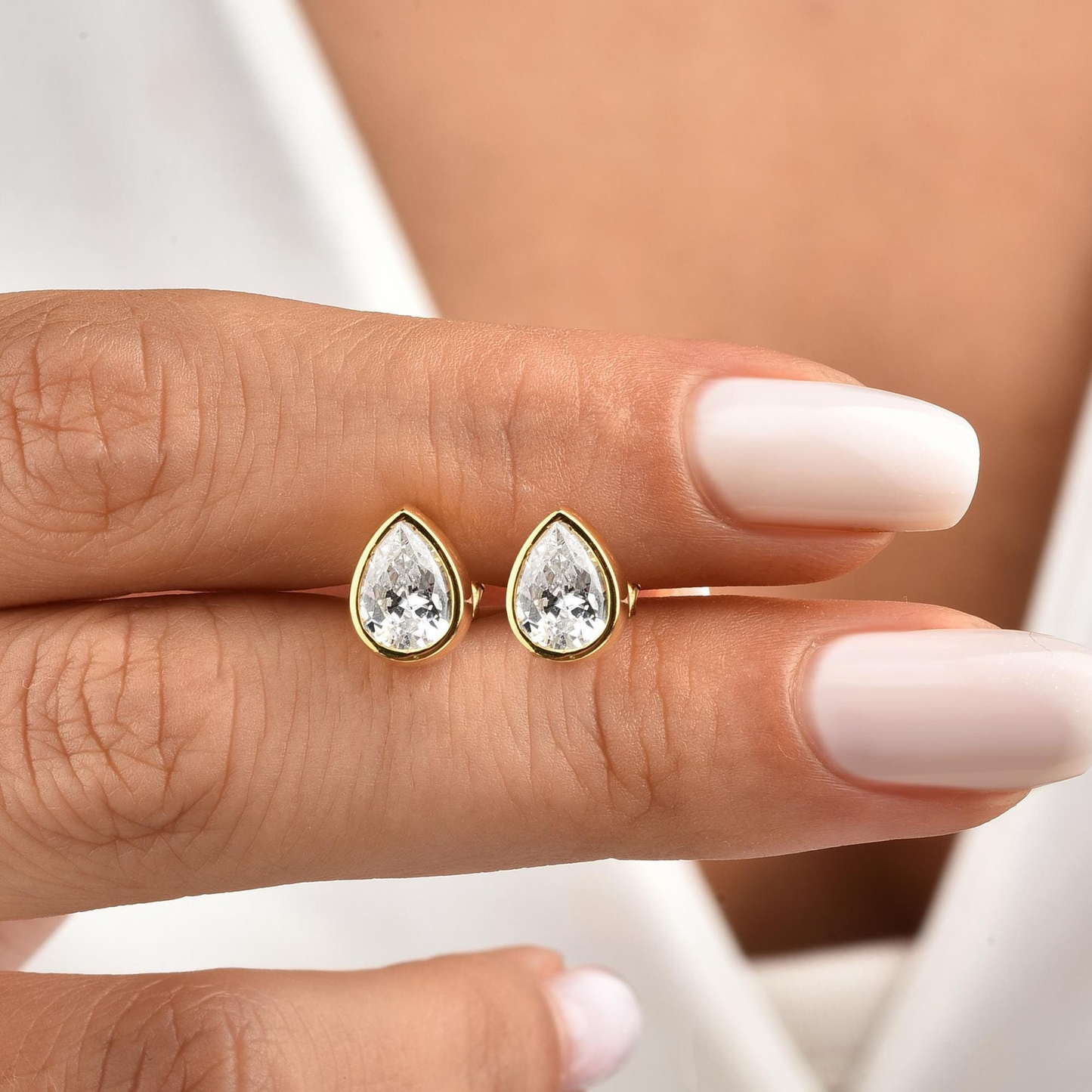 White Topaz Drop Bezel Stud Earrings in 10K/14K Solid Gold, April Birthstone Jewelry