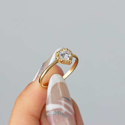 White Topaz Bezel Heart Ring with Real Diamonds Halo in 8K/10K/14K Solid Gold | April Birthstone Jewelry