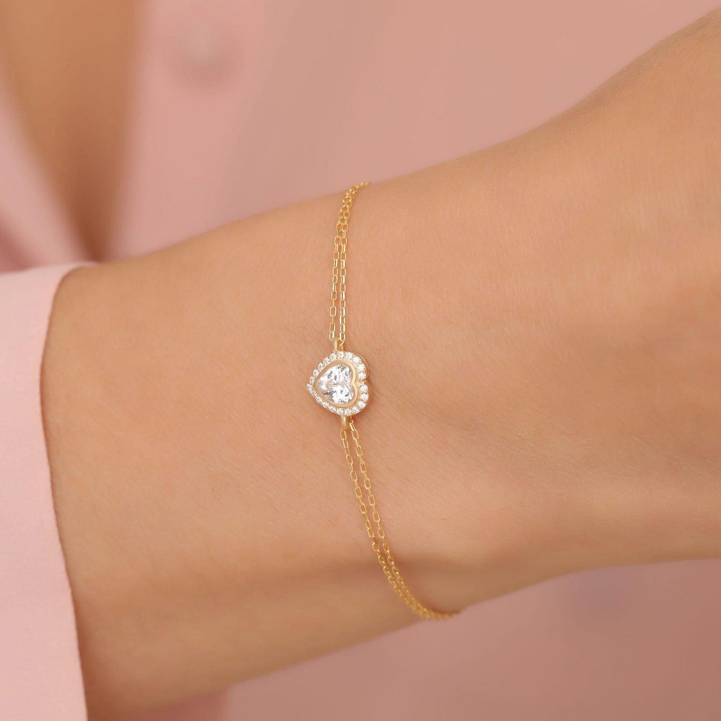 White Topaz Bezel Heart Bracelet with Real Diamonds in 8K/10K/14K Solid Gold | April  Birthstone Jewelry