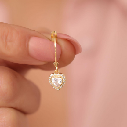 White Topaz Bezel Heart Dangle Earrings with Real Diamonds in 8K/10K/14K Solid Gold | April Birthstone Jewelry