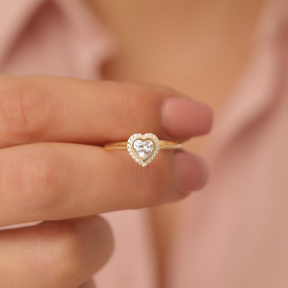 White Topaz Bezel Heart Ring with Real Diamonds in 8K/10K/14K Solid Gold | April Birthstone Jewelry