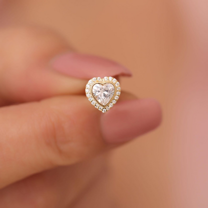 White Topaz Bezel Heart Stud Earrings with Real Diamonds in 10K/14K Solid Gold | April Birthstone Jewelry