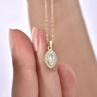 White Topaz Bezel Marquise Necklace with Real Diamonds in 8K/10K/14K Solid Gold | April Birthstone Jewelry