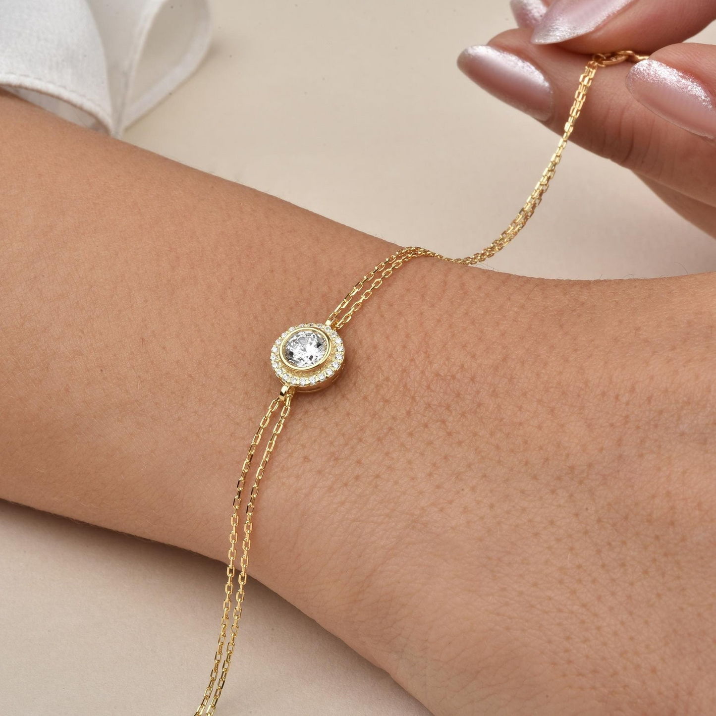 White Topaz Round Bezel Bracelet in 8K/10K/14K Solid Gold with Real Diamonds, April Birthstone Jewelry