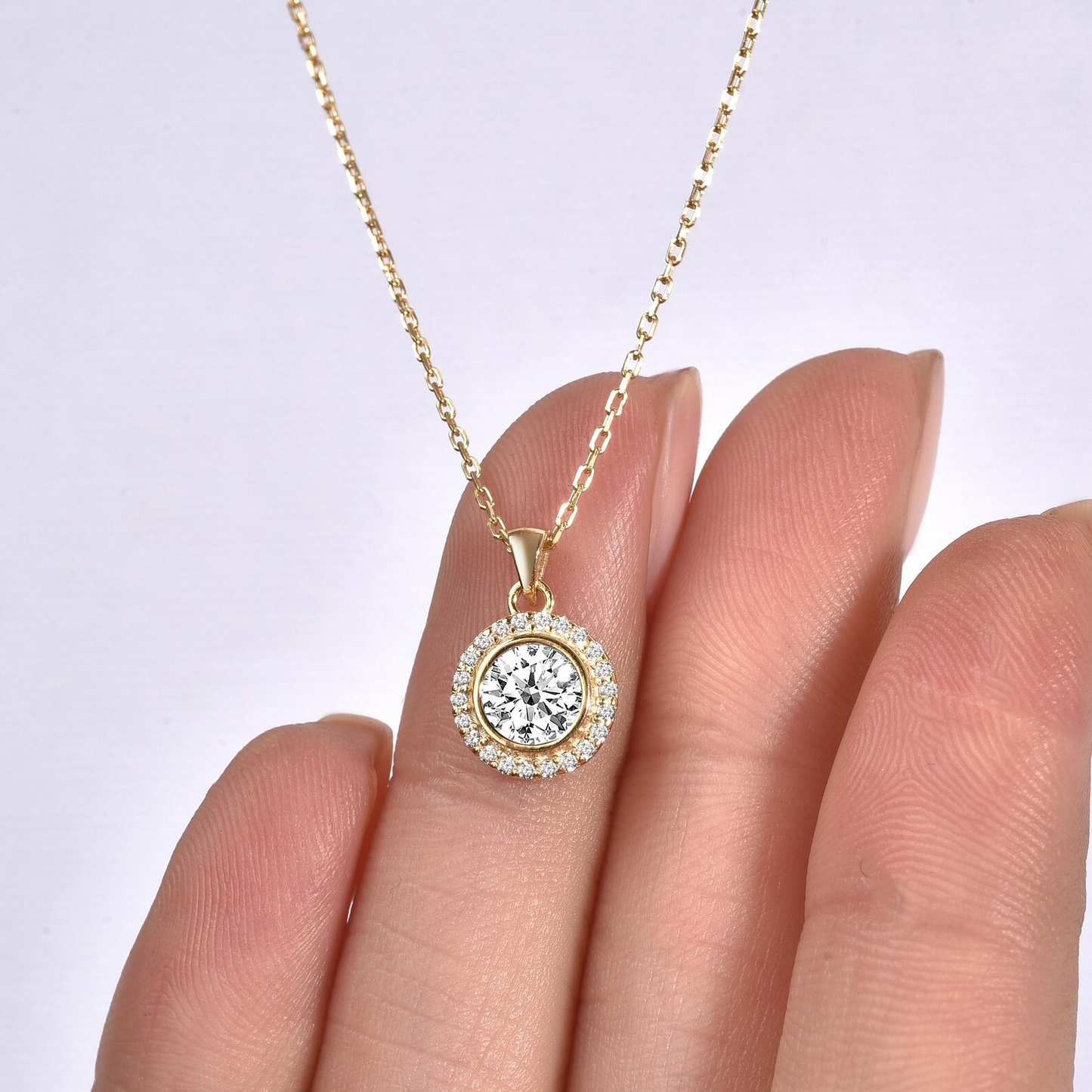 White Topaz Round Bezel Necklace in 8K/10K/14K Solid Gold with Real Diamonds, April Birthstone Jewelry