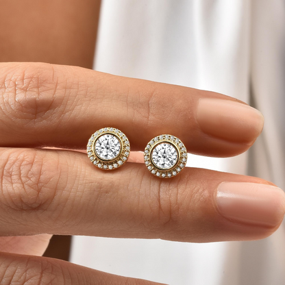 White Topaz Round Bezel Stud Earrings in 8K/10K/14K Solid Gold with Real Diamonds, April Birthstone Jewelry