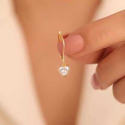 White Topaz Heart Cut Bezel Dangle Earrings, 14K Solid Gold April Birthstone Jewelry
