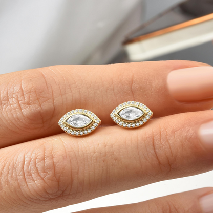 White Topaz Bezel Marquise Stud Earrings with Real Diamonds in 8K/10K/14K Solid Gold | April Birthstone Jewelry