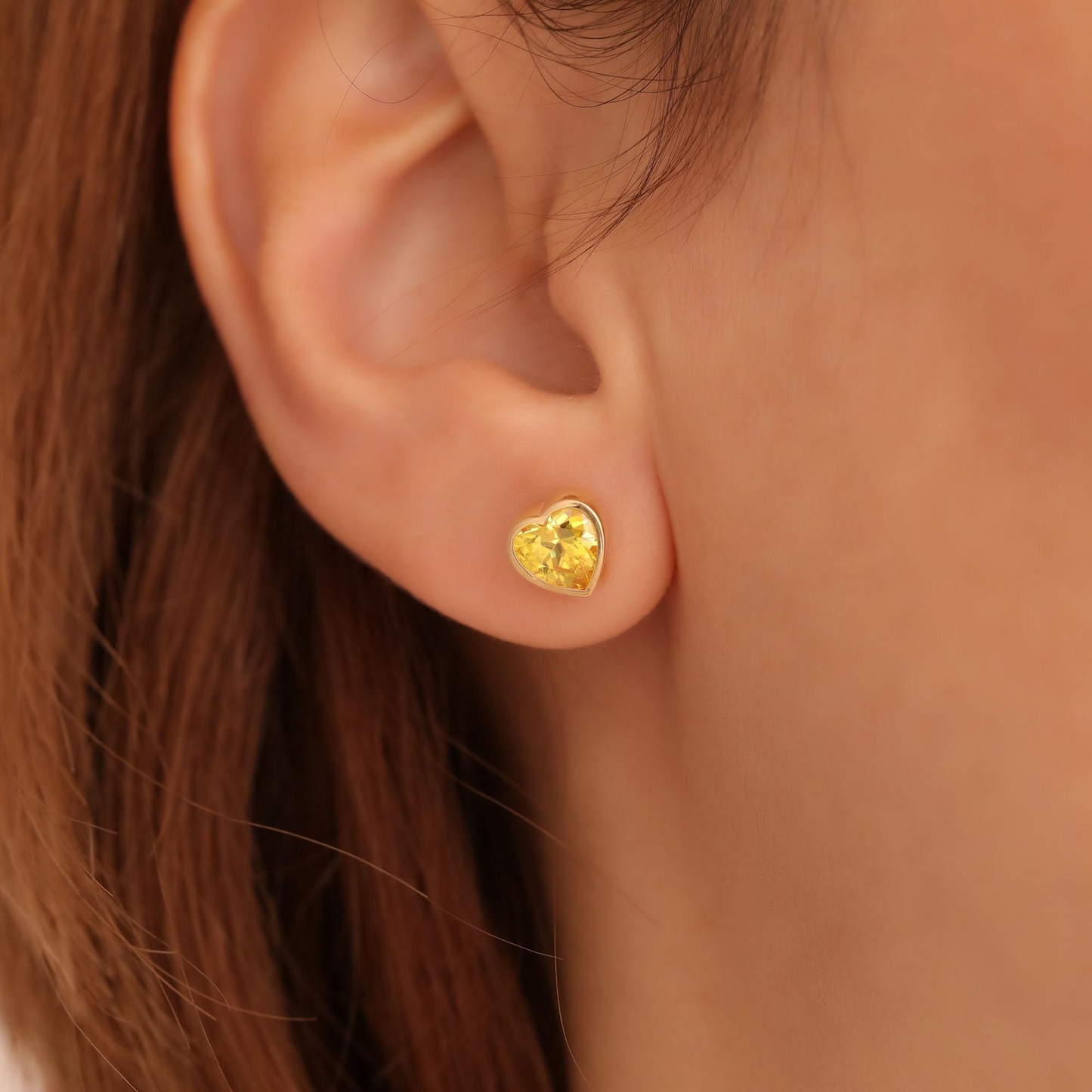 Yellow Topaz Heart Bezel Cut Stud Earrings 10K/14K Solid Gold, Handmade Birthstone Jewelry