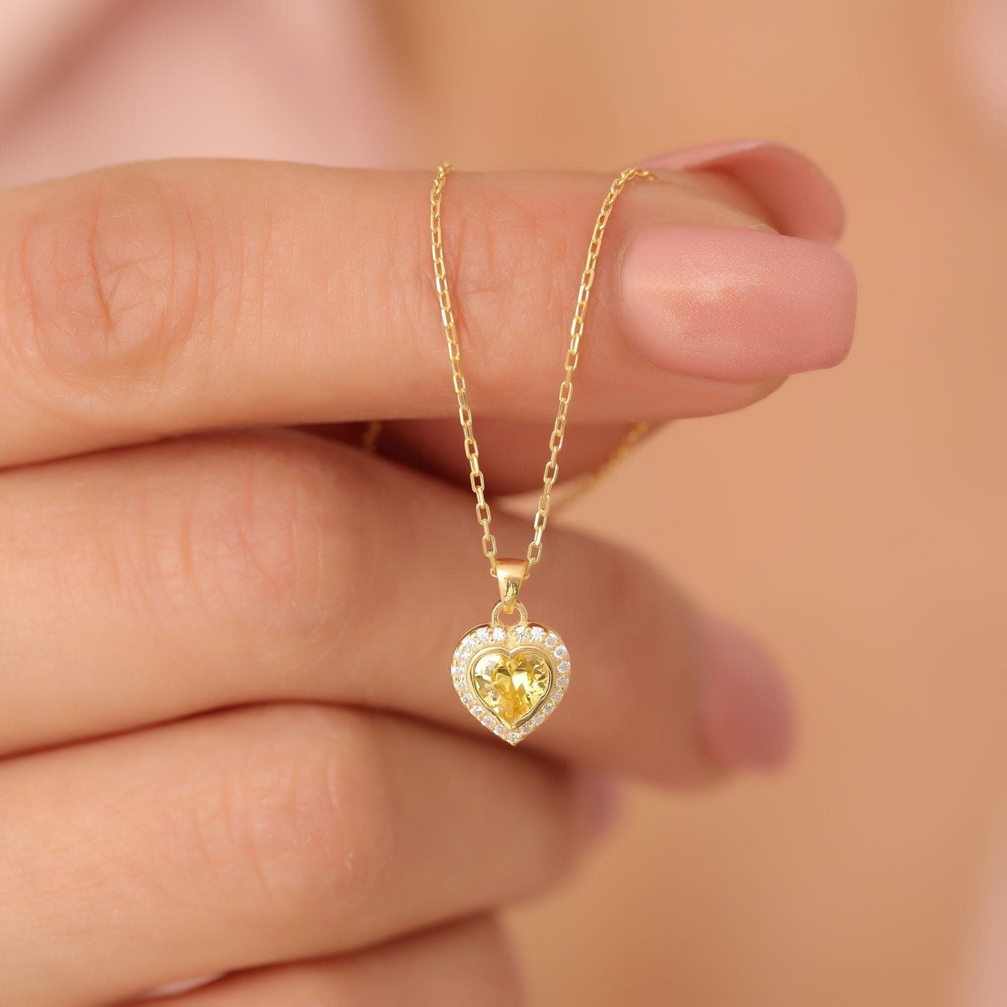 Yellow Topaz Bezel Heart Necklace with Real Diamonds in 8K/10K/14K Solid Gold | November Birthstone Jewelry