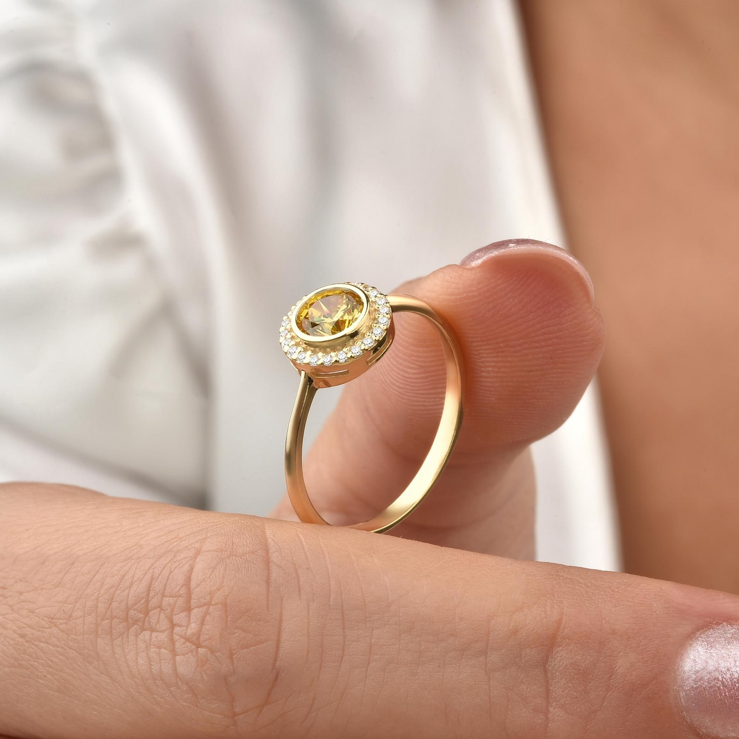 Yellow Topaz Round Bezel Ring in 8K/10K/14K Solid Gold with Real Diamonds, Handmade Jewelry
