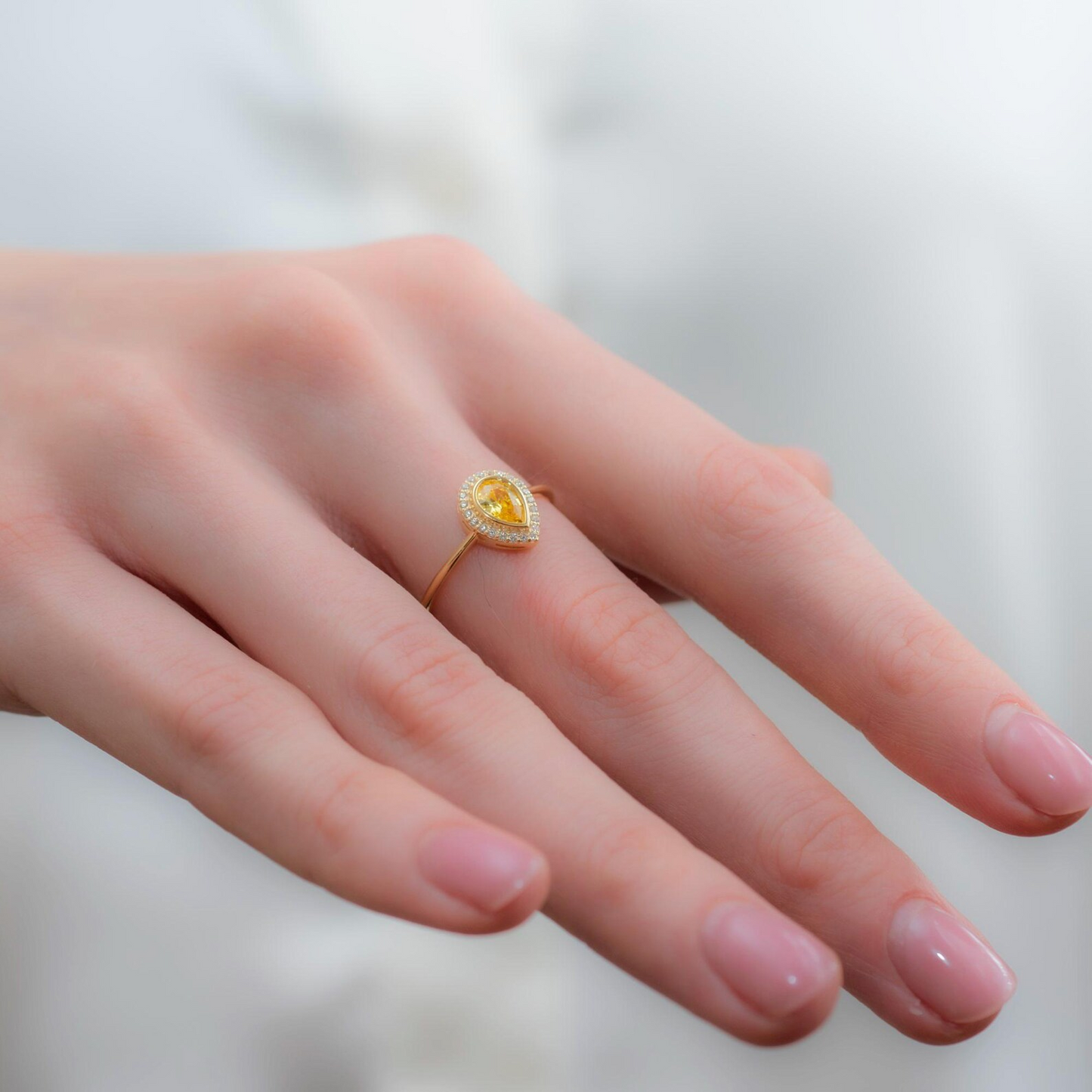 Yellow Topaz Bezel Drop Ring with Real Diamonds in 8K/10K/14K Solid Gold | November Birthstone Jewelry