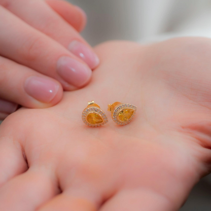 Yellow Topaz Bezel Drop Stud Earrings with Real Diamonds in 8K/10K/14K Solid Gold | November Birthstone Jewelry
